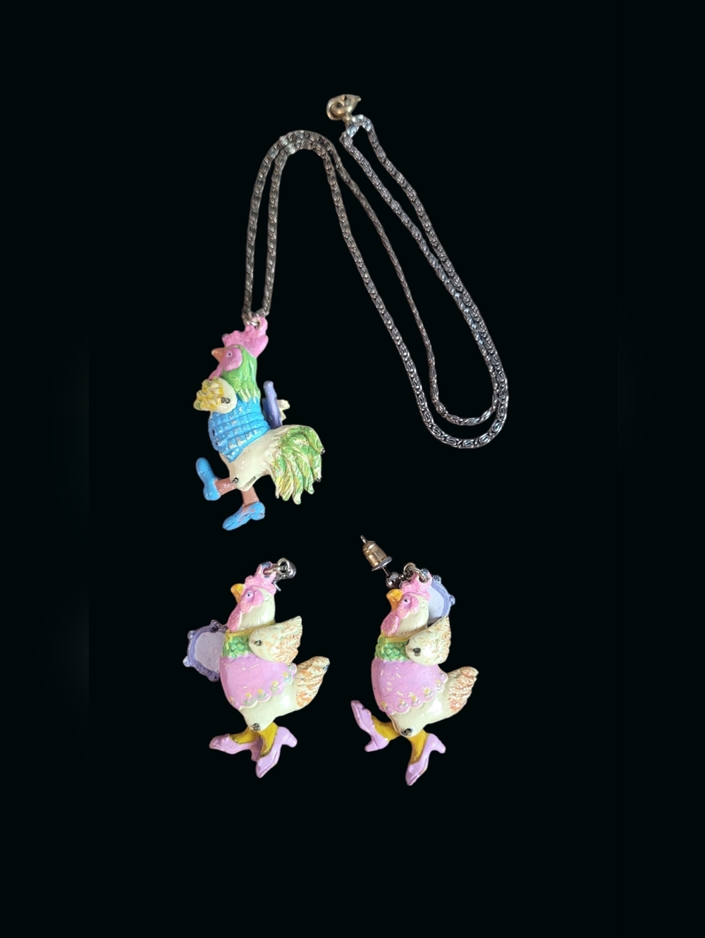 Vintage Colorful Pastel Rooster Pendant Necklace and Earring Set Retro Chickens
